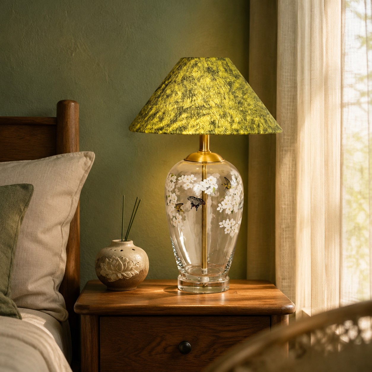 Floral glass table lamp on a wooden bedside table